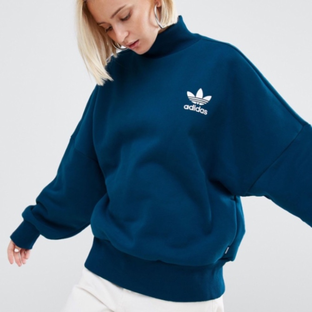 Adidas Teal Blue Mock Neck Turtleneck Oversized Sweatshirt
